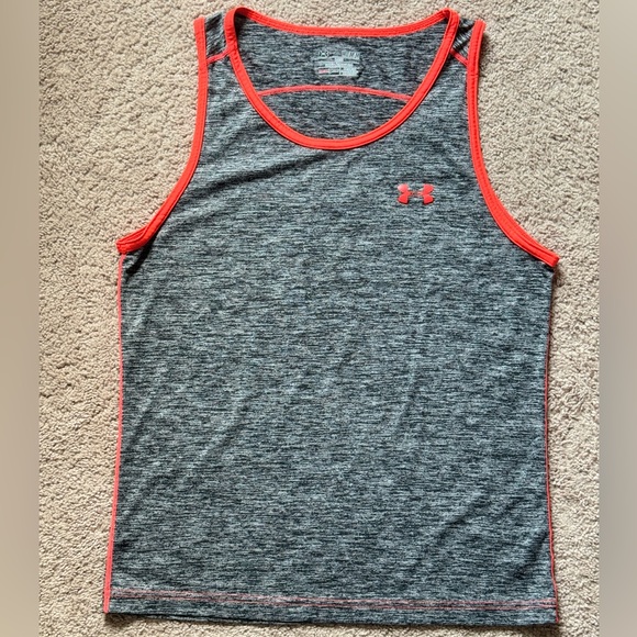Under Armour Mens UA Loose Fit Heat Gear Tech Tank Top Graphite/Blaze Orange - Picture 5 of 6